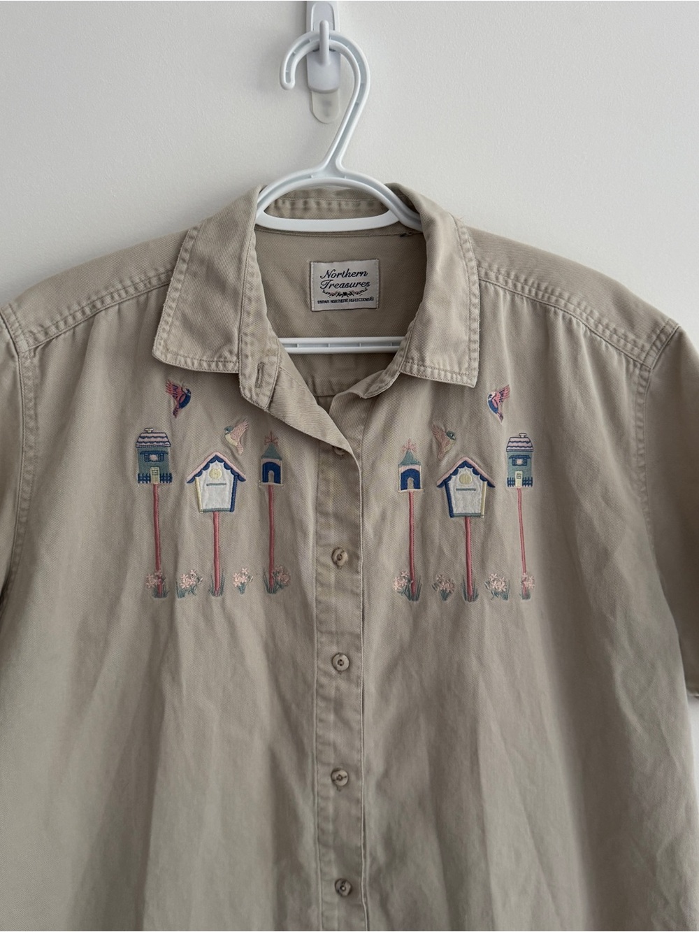 Vintage Embroidered Birdhouse Button Up Shirt | Cottagecore Northern Reflections